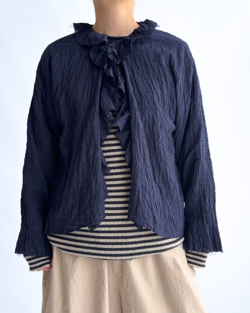 Check Frill Trim Blouse in NavyCheck