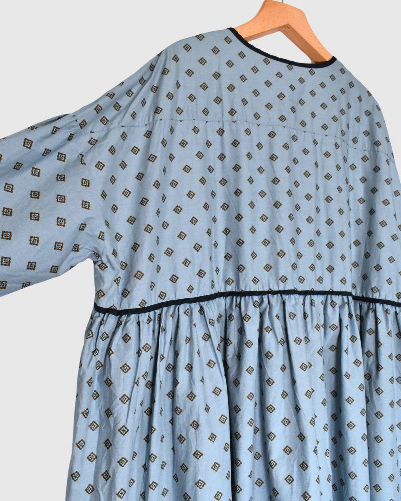 Print Trimmed Gathered Dress in Blue