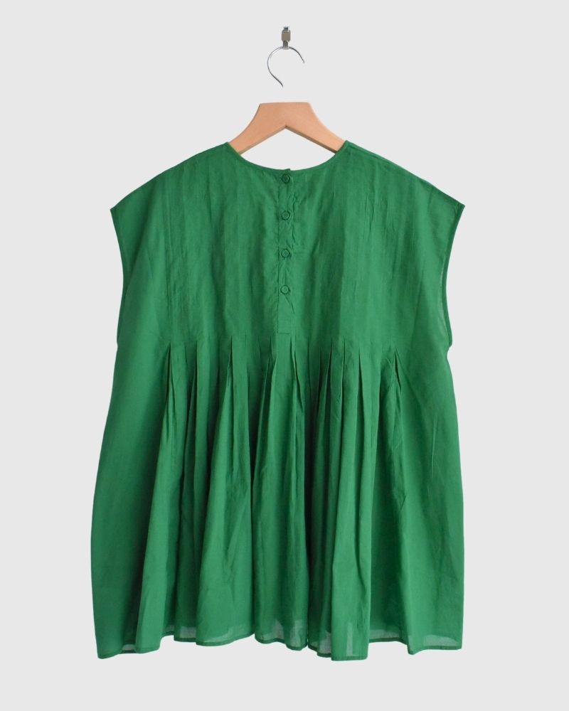 80s ORGANIC VOILE PLAIN CREW-NECK F/SLEEVE SHIRT WITH INVERTED PLEAT in Green