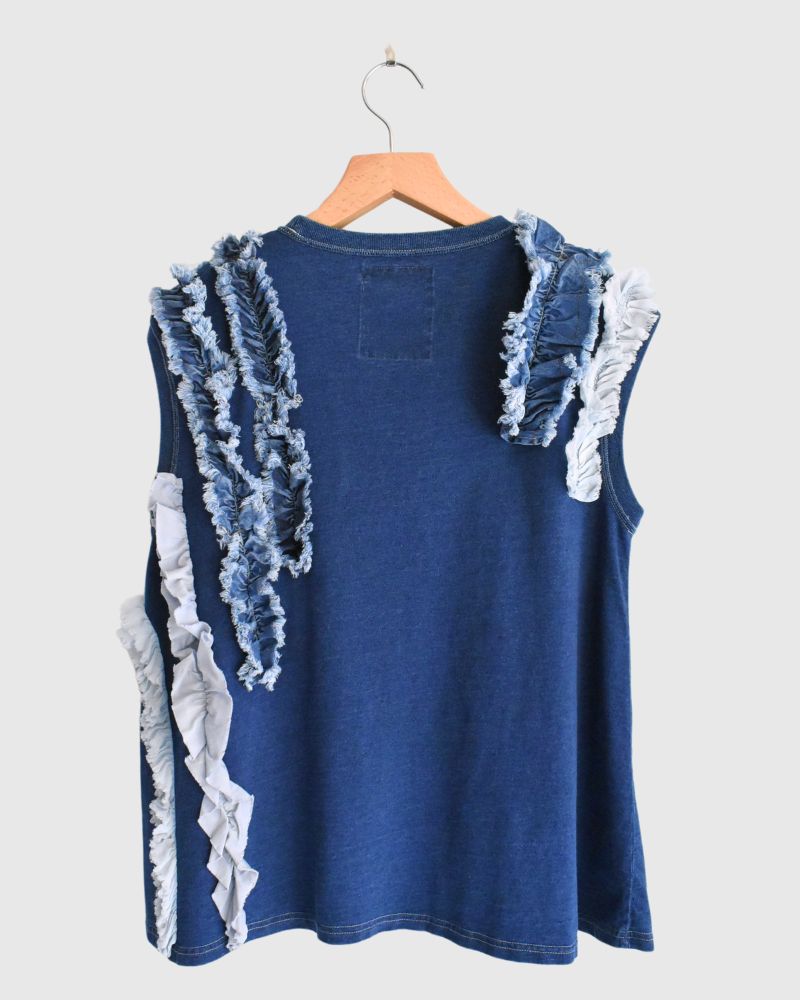 Vintage Cotton Jersey Frill Sleeveless Tee in Navy