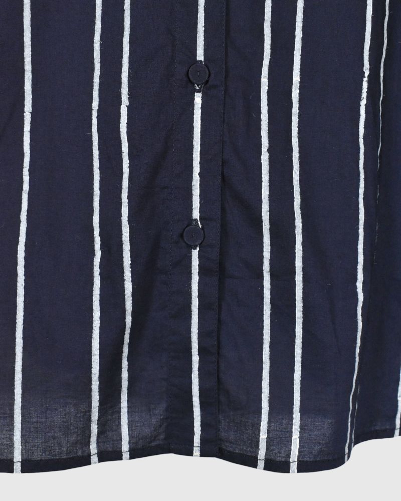 60s COTTON STRIPE BLOCK PRINT BACK OPENING ROUND COLLAR SHIRT Navy in Navy