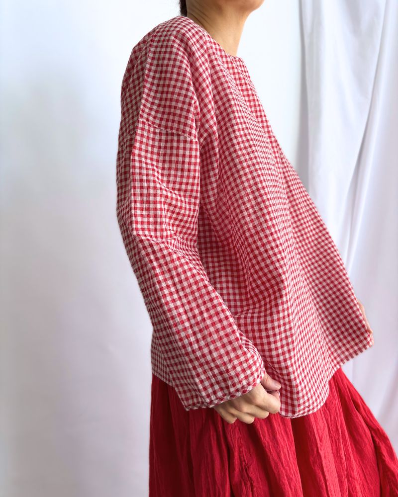 HANDWOVEN COTTON/SILK GINGHAM CHECK DROP SHOULDER SMOCK in Red