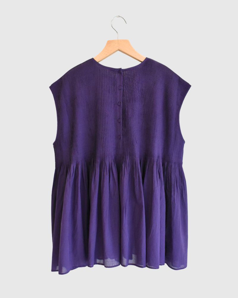 Crew-neck French Sleeve Shirt with Mini Pintuck in Purple