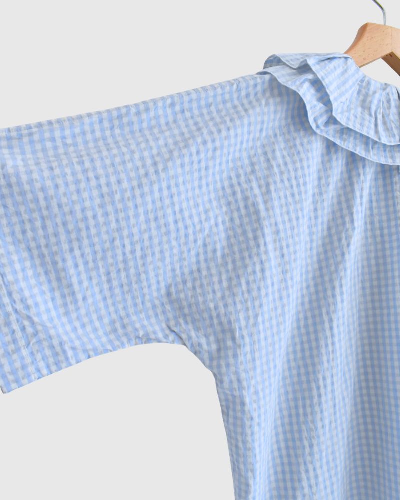 Tuck Frill Pullover in Sax/Ecru Check