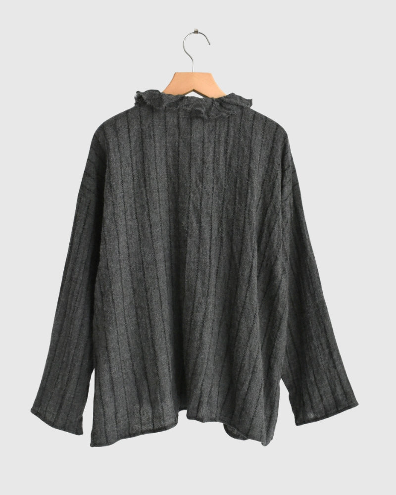 Wool Stripe Frill Trim Blouse in Gray