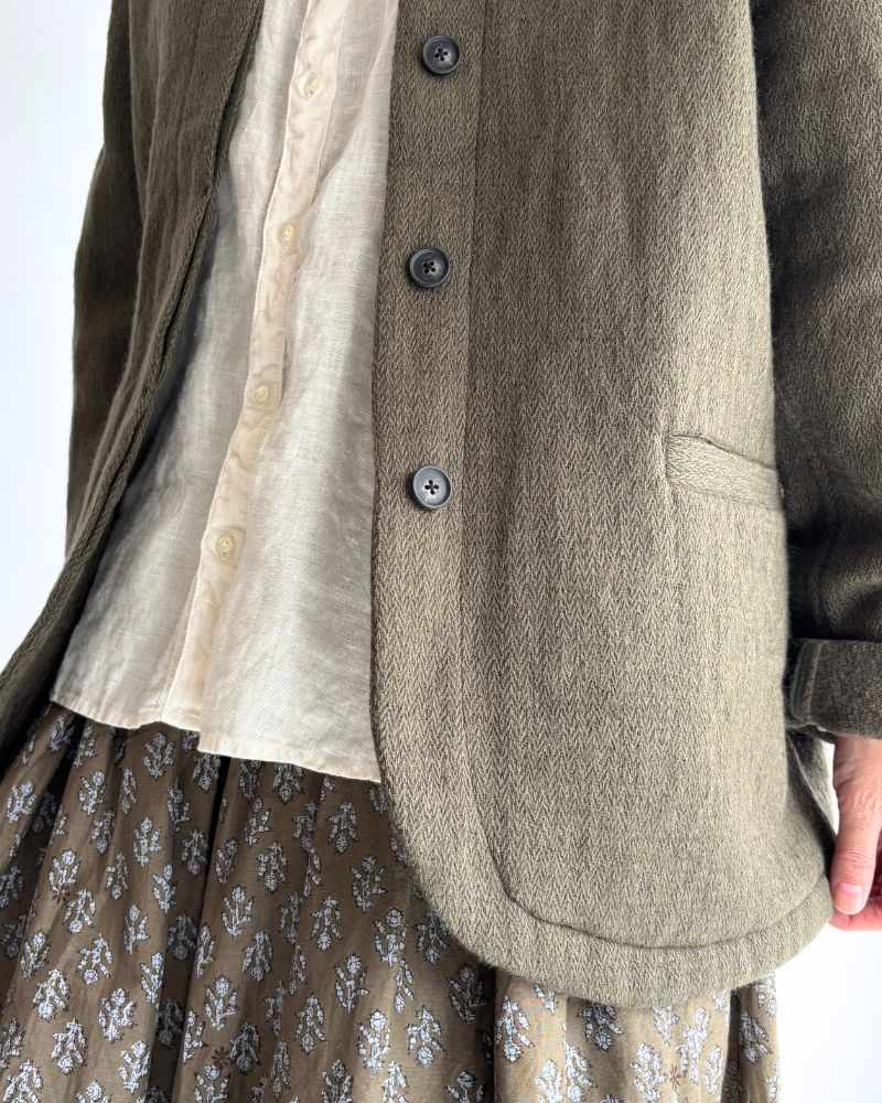 STAND COLLAR FLY FRONT JACKET in Olive