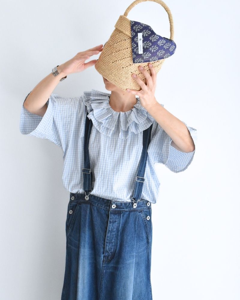 Tuck Frill Pullover in Sax/Ecru Check