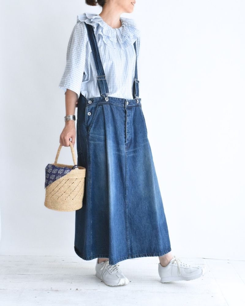 Tuck Frill Pullover in Sax/Ecru Check