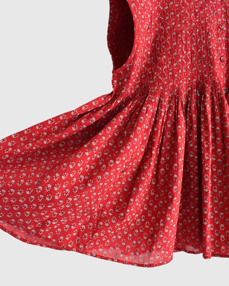 Crew-neck Button French Sleeve Shirt with Pintuck in Red