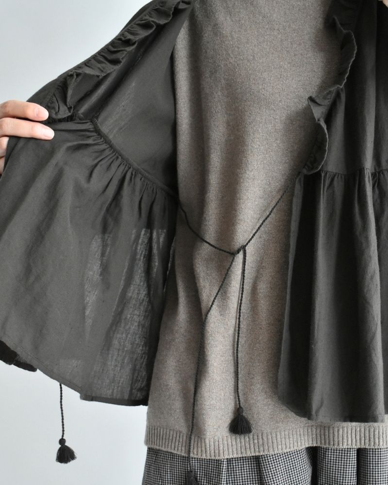 Twill Cotton Khadi Plain Frill Cache Coeur in Charcoal