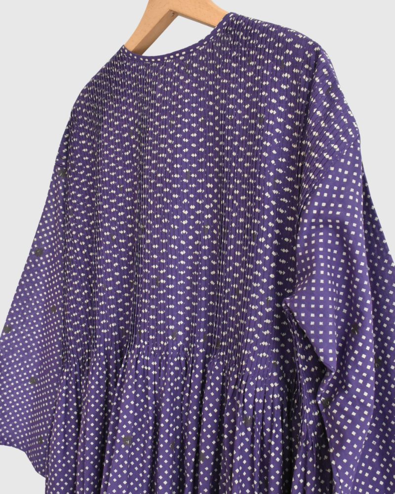 Crew Neck Button Shirts Dress with Mini Pintuck in Purple