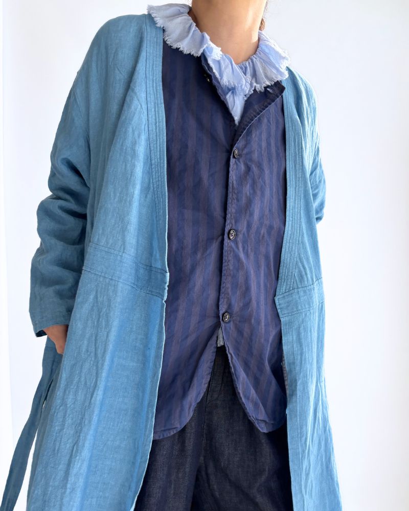 POPLIN WIDE STRIPE (OVERDYE) NO COLLAR VEST in PurpleNavy