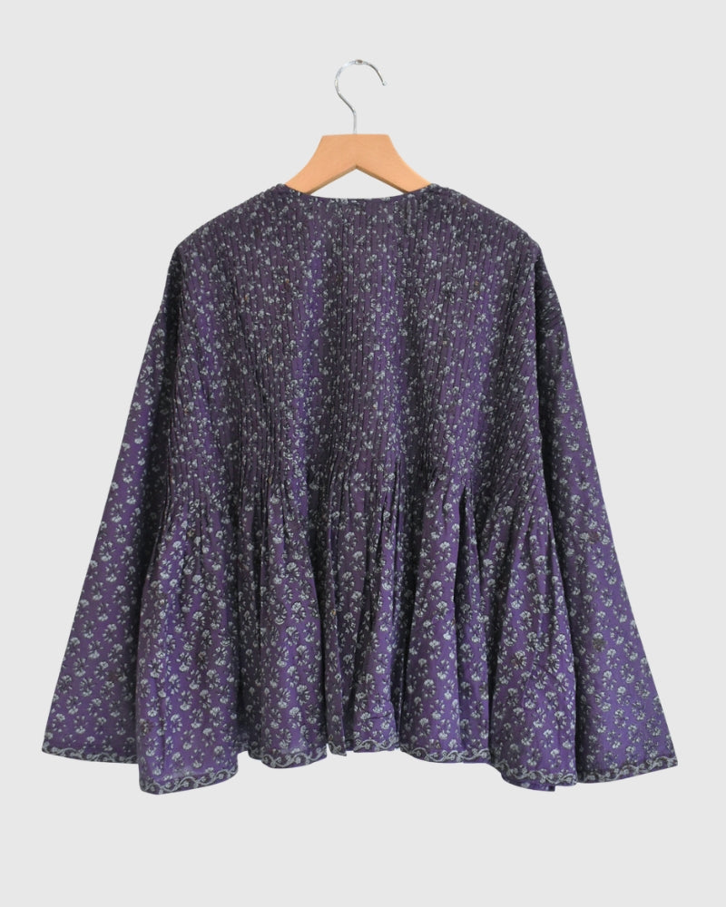 Crew-Neck Button Shirt with Pintuck in Purple