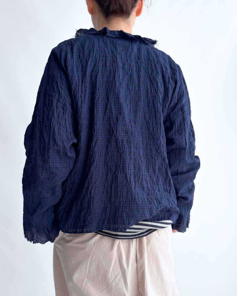 Check Frill Trim Blouse in NavyCheck