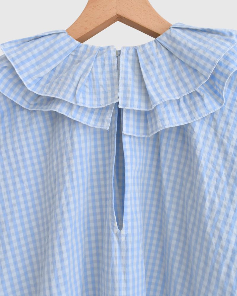 Tuck Frill Pullover in Sax/Ecru Check
