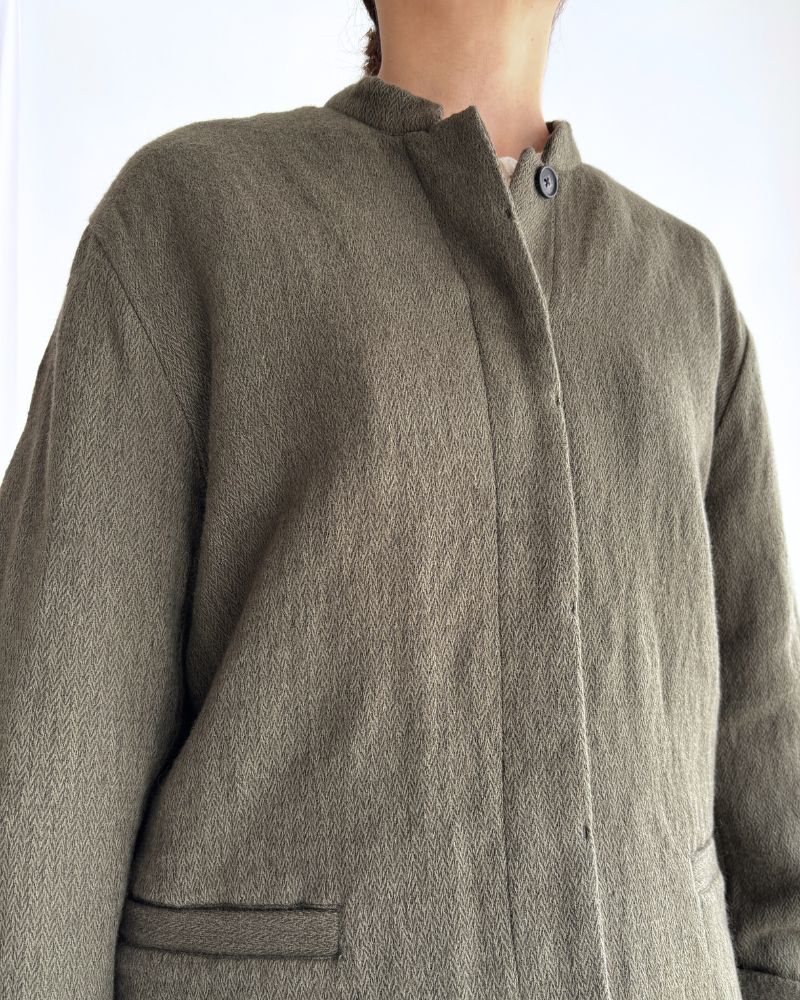 STAND COLLAR FLY FRONT JACKET in Olive