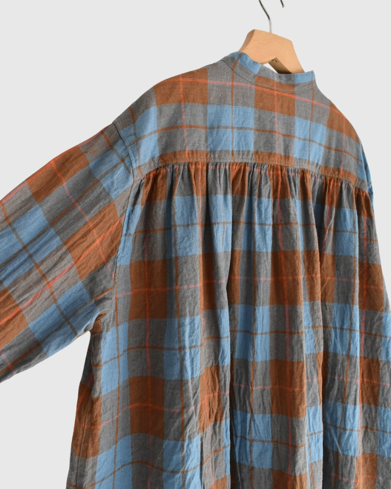 Linen Cotton Check Dress in Blue