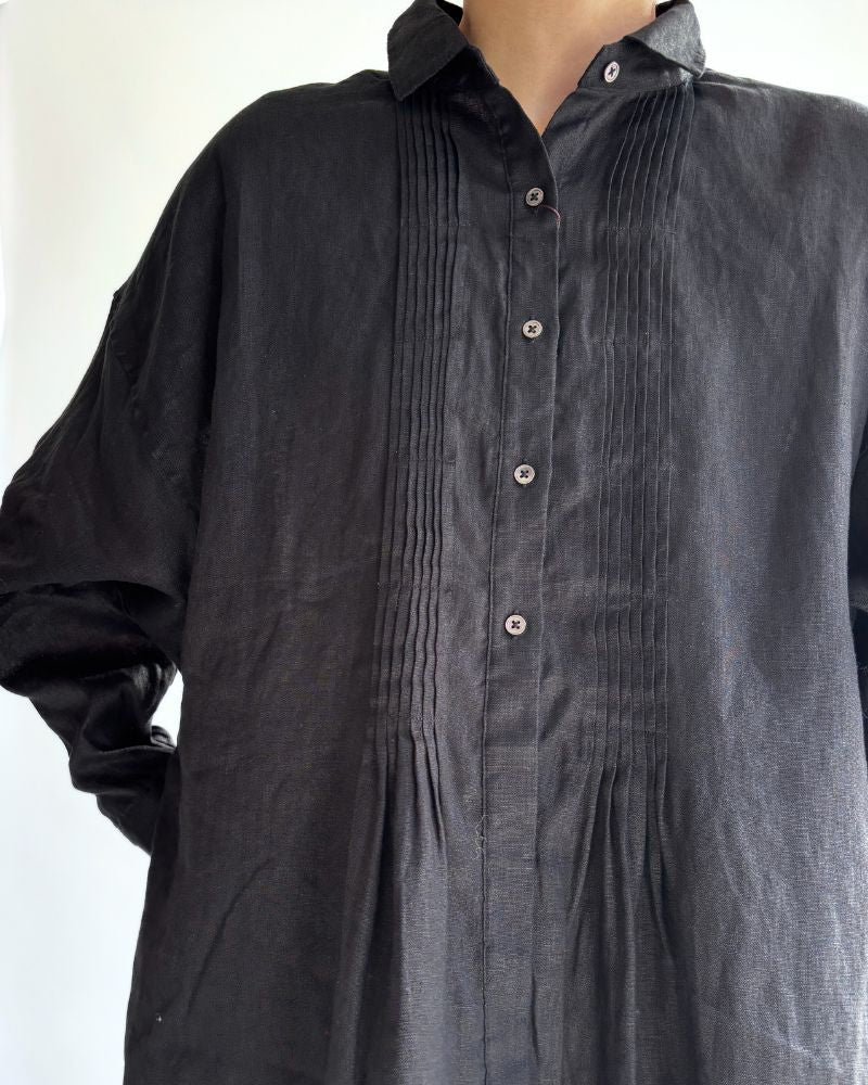 Linen Tuck Shirt Dress in Black
