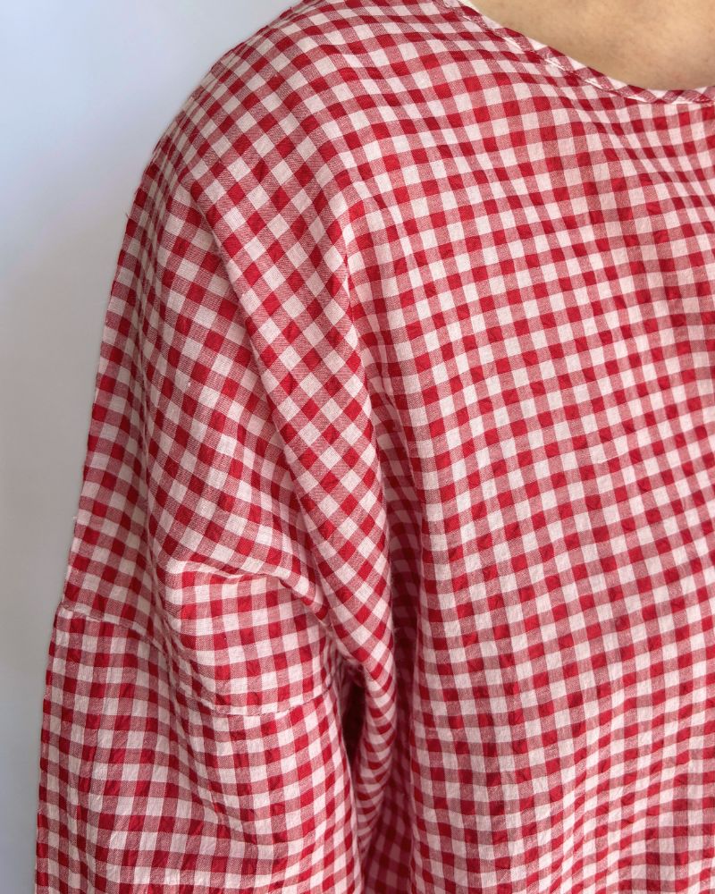 HANDWOVEN COTTON/SILK GINGHAM CHECK DROP SHOULDER SMOCK in Red