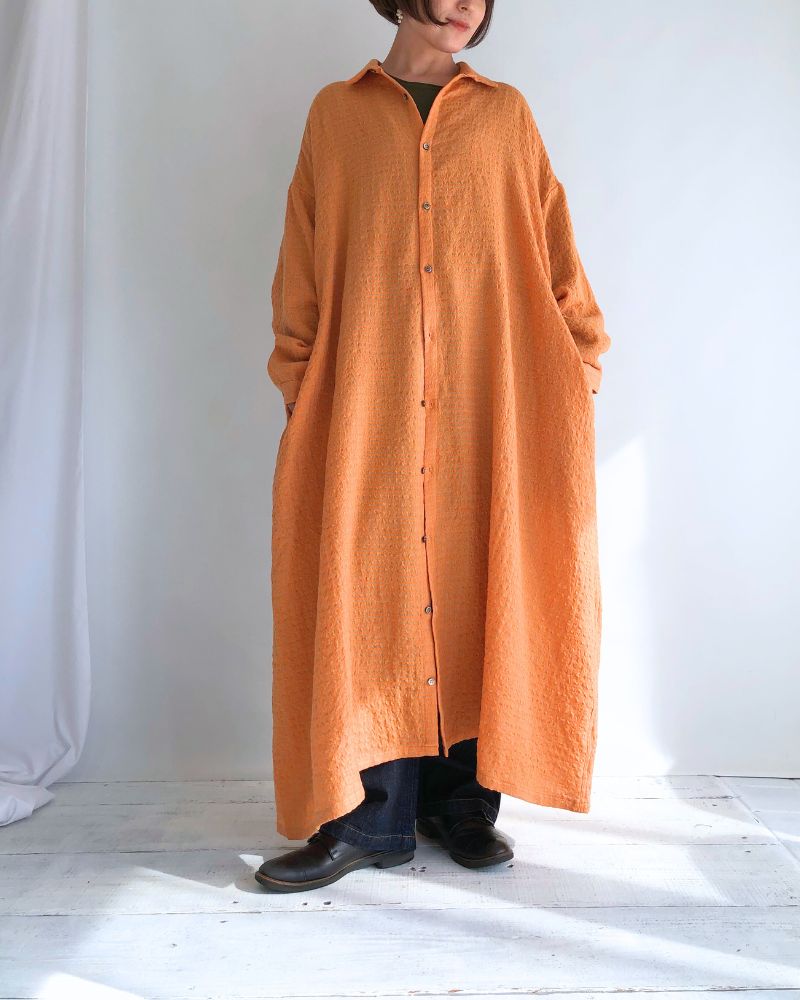 Wool Cotton Gingham Dress in Orange/Mocha