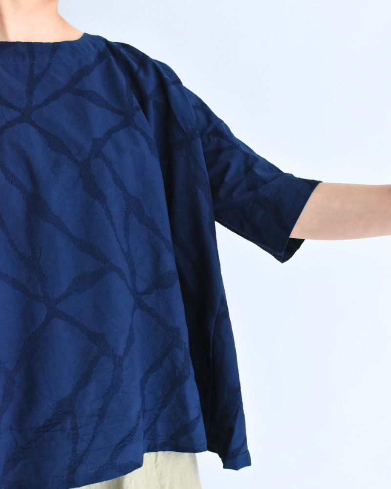 Panel Pullover Blouse (Embroidered) in Navy