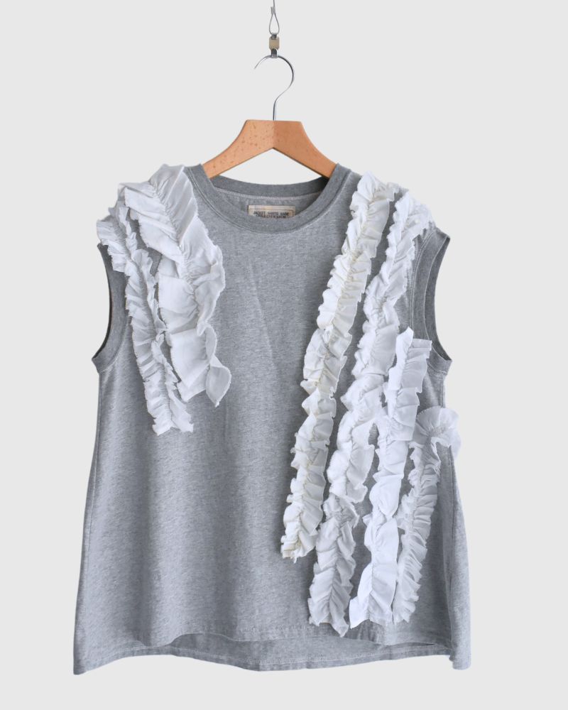 Vintage Cotton Jersey Frill Sleeveless Tee in Gray