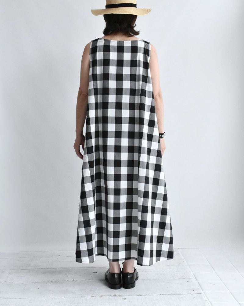 Block Check Sleeveless Flared Dress in White/Black