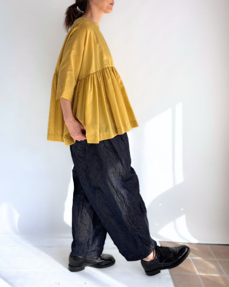 Gathered boat neck blouse in Yellow