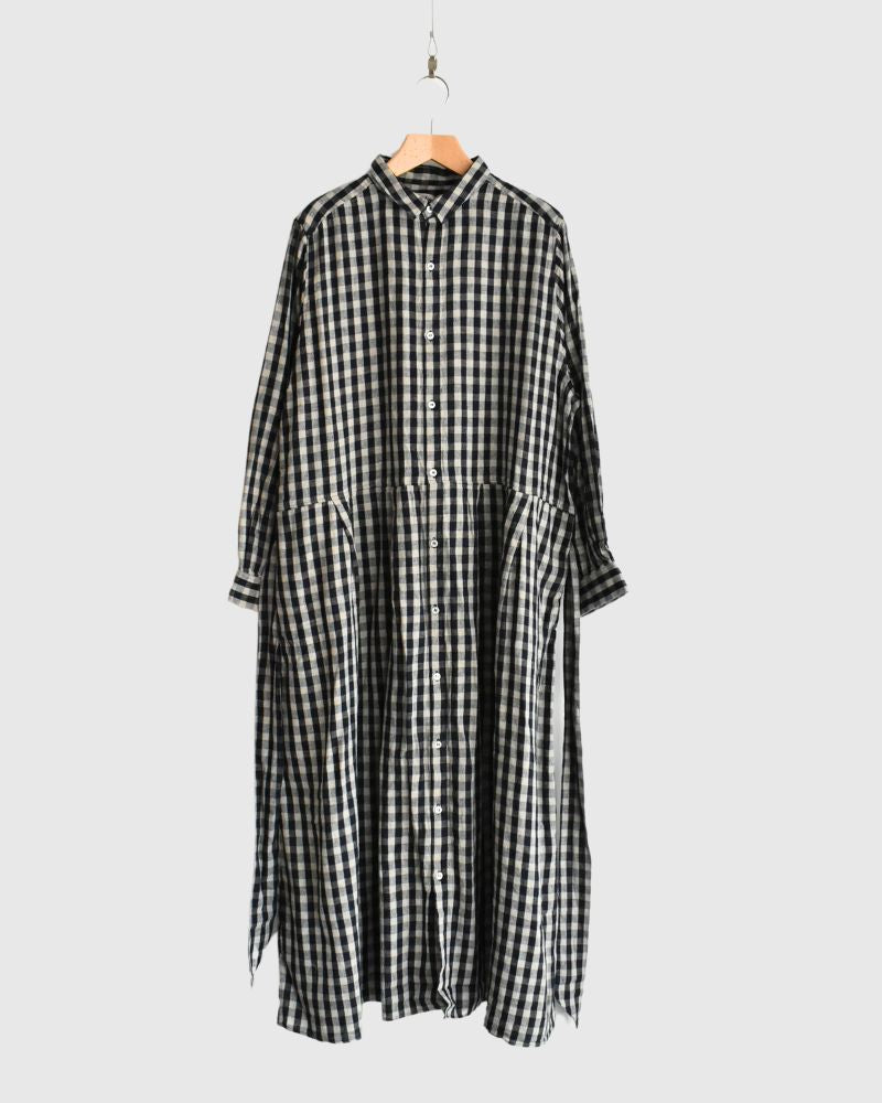 Linen Cotton Gingham Dress in Indigo/Natural