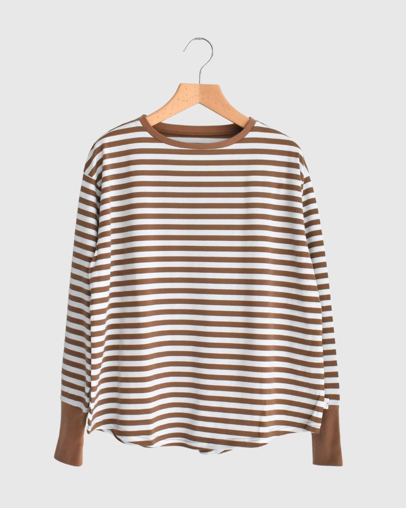 Gizandi Jersey Striped Long Tee in Brown/Off