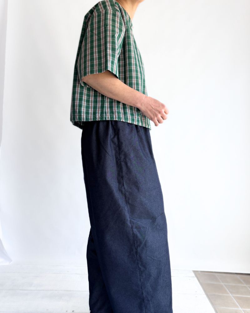 LUNA-W Short Sleeve No Collar Blouse in GreenCheck