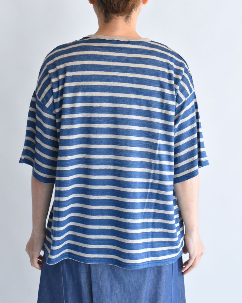 Linen Jersey Border Pullover in Blue/Natural