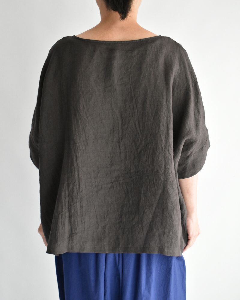Boat Neck Wide Blouse (Linen) in Brown