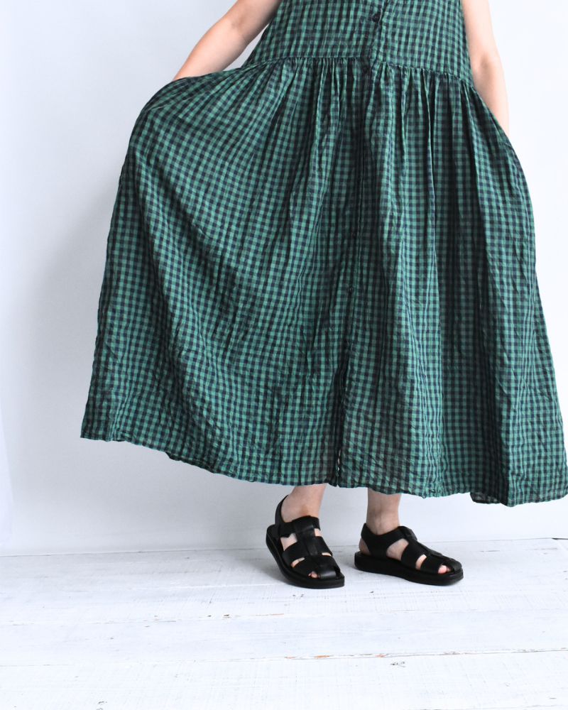 Block Check Sleeveless Gathered Dress in Green
