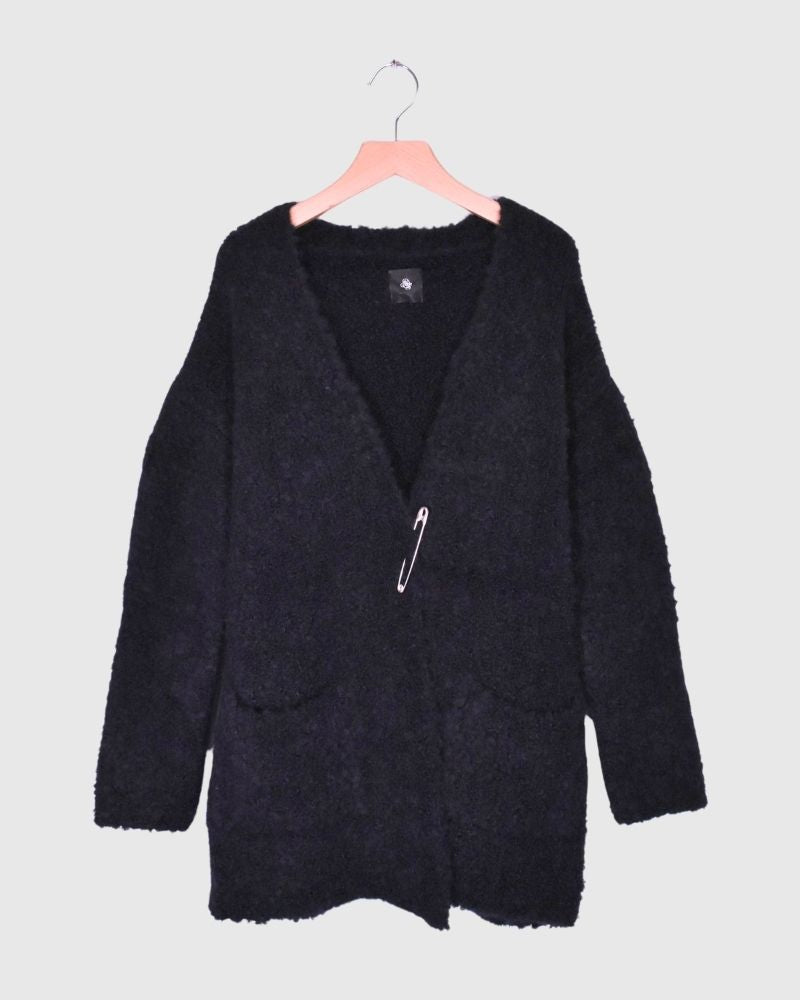 BOUCLE V-NECK CARDIGAN WITH PIN