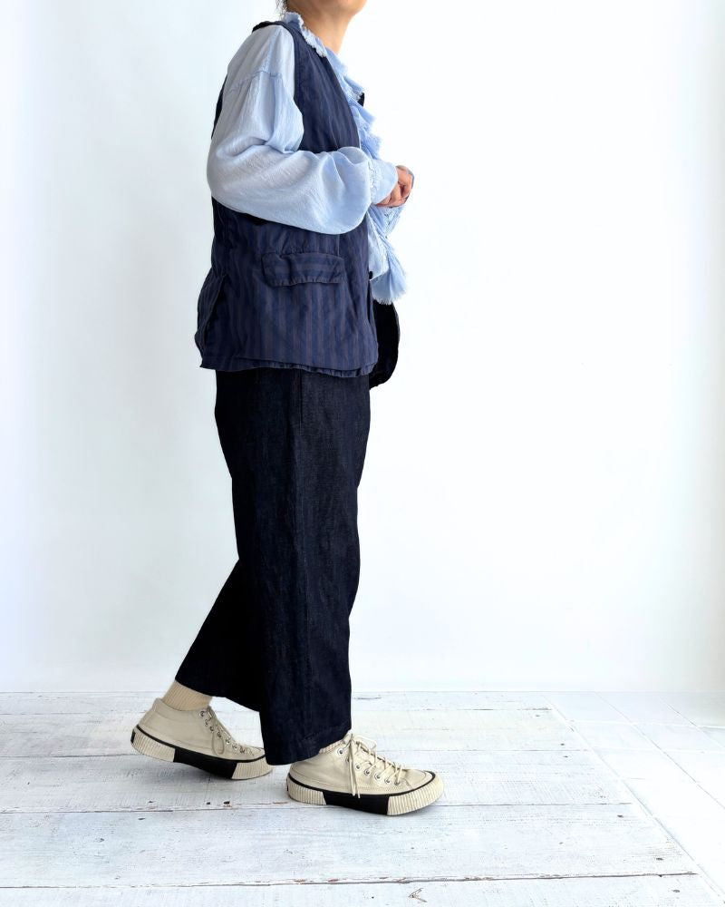 COTTON/LINEN DENIM 2TUCK TAPERED EASY PANTS in Navy