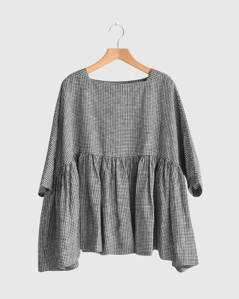 Dolman Gathered Blouse (LINEN) in Black/White