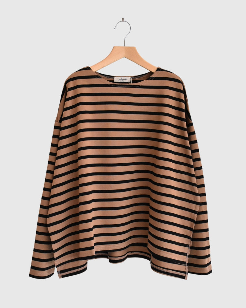 Cotton Striped Pullover in Mocha/Black