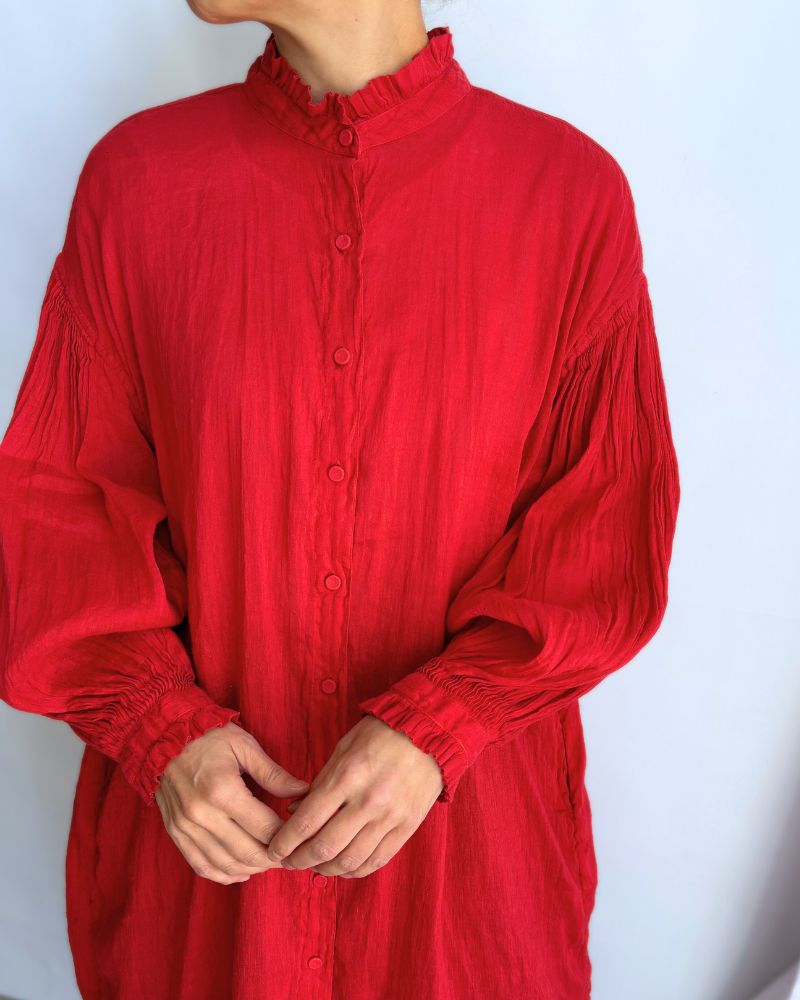 AUTO LOOM COTTON/LINEN PLAIN FRILL COLLAR MAXI SHIRT DRESS WITH MINI PINTUCK in Red