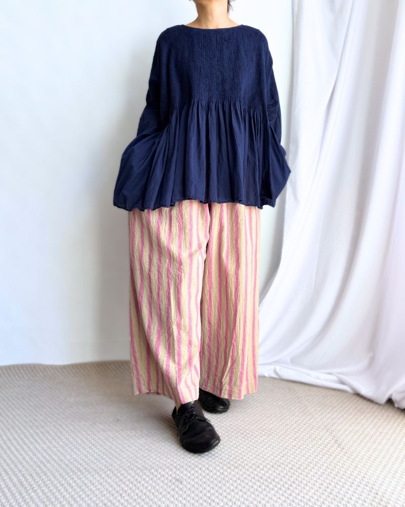 80s ORGANIC STRIPE(OVERDYE) MINI PINTUCK PULLOVER in Navy