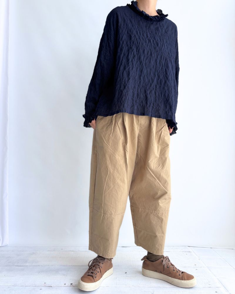 Check Neck Frill Box Pullover in NavyCheck