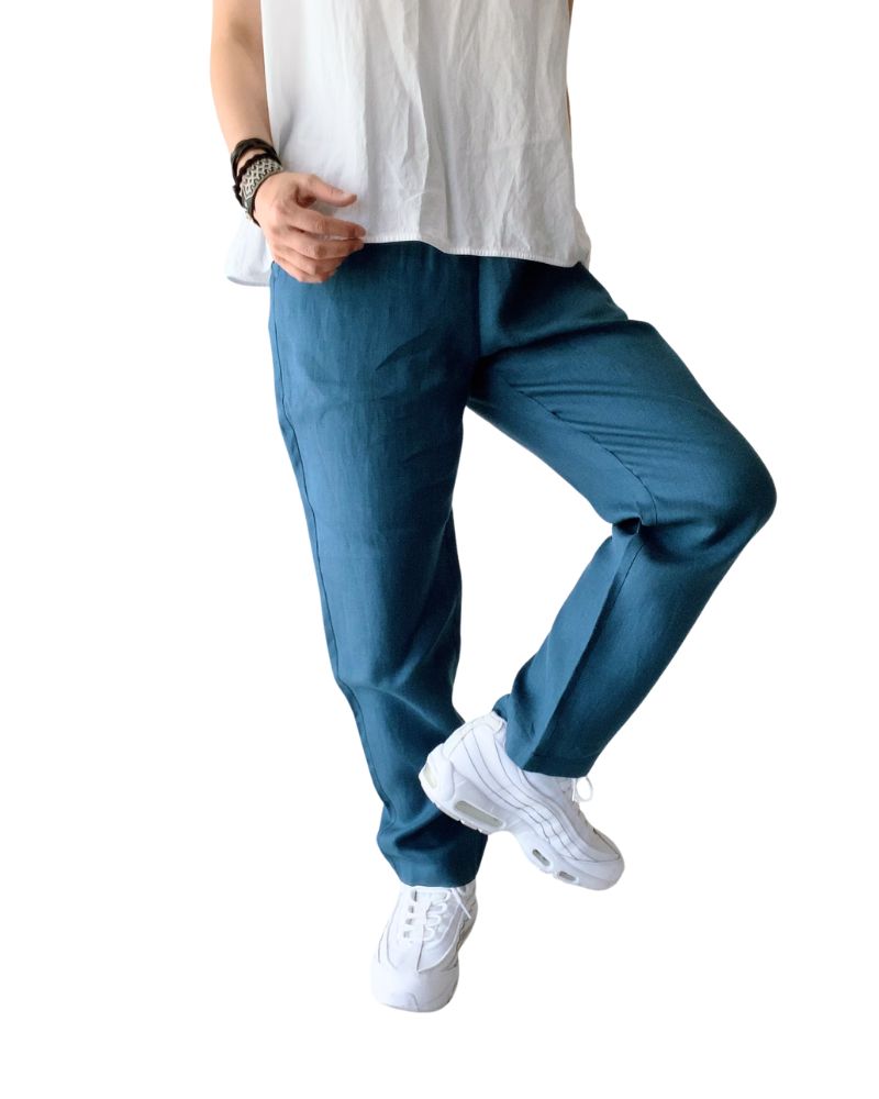 LINEN TWILL EASY TAPERED PANTS in Blue