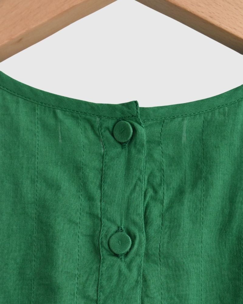 80s ORGANIC VOILE PLAIN CREW-NECK F/SLEEVE SHIRT WITH INVERTED PLEAT in Green