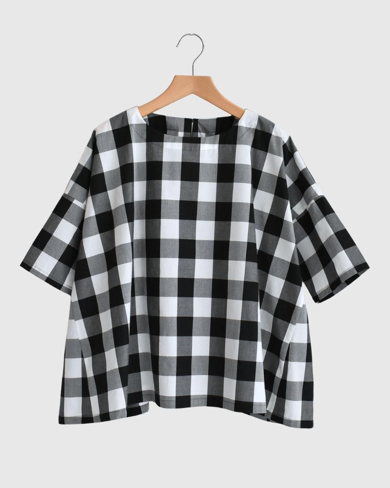 Block Check Panel T-Blouse in White/Black