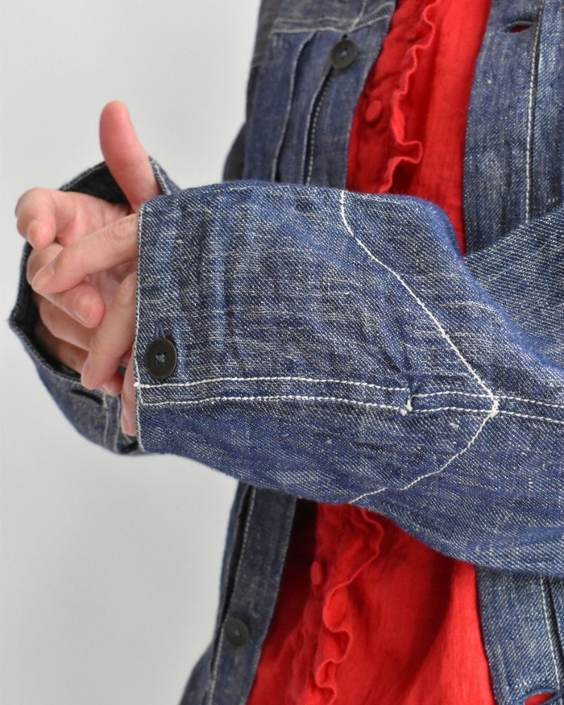 Handwoven Hemp Denim Collarless Jacket in Blue