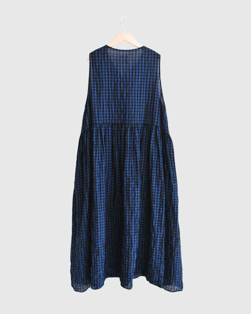 Block Check Sleeveless Gathered Dress in Navy