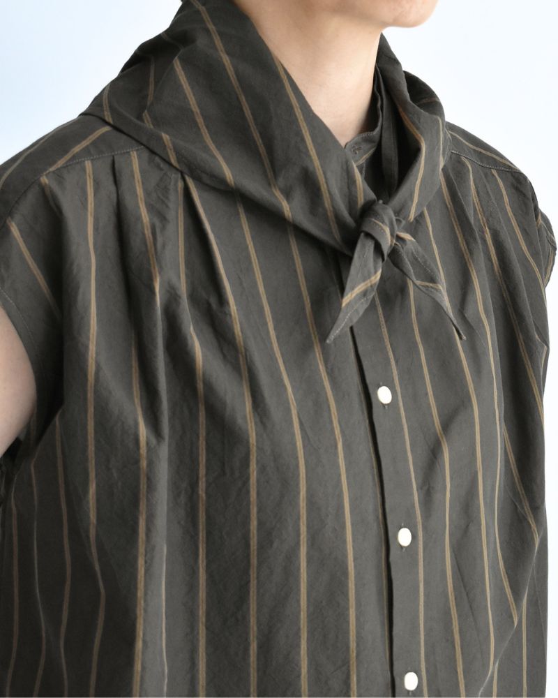 SMILE-W French sleeve blouse with scarf in BrownStripe