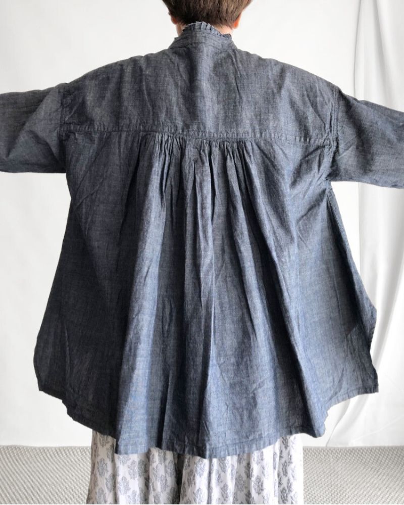 5oz Cotton Linen Slub Denim Long Shirt in Indigo