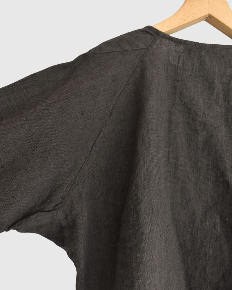 Hand Span Cotton Linen Ruffle Blouse in DarkBrown