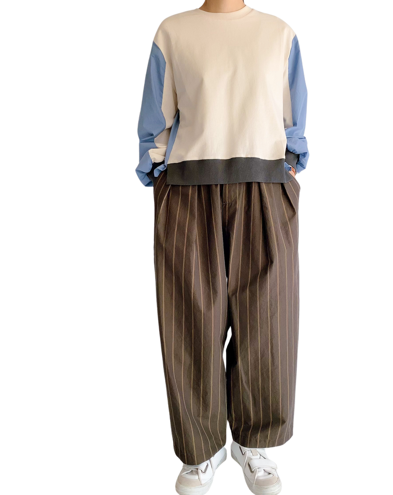 HAKAMA-W Tuck Easy Pants in Brown Stripe